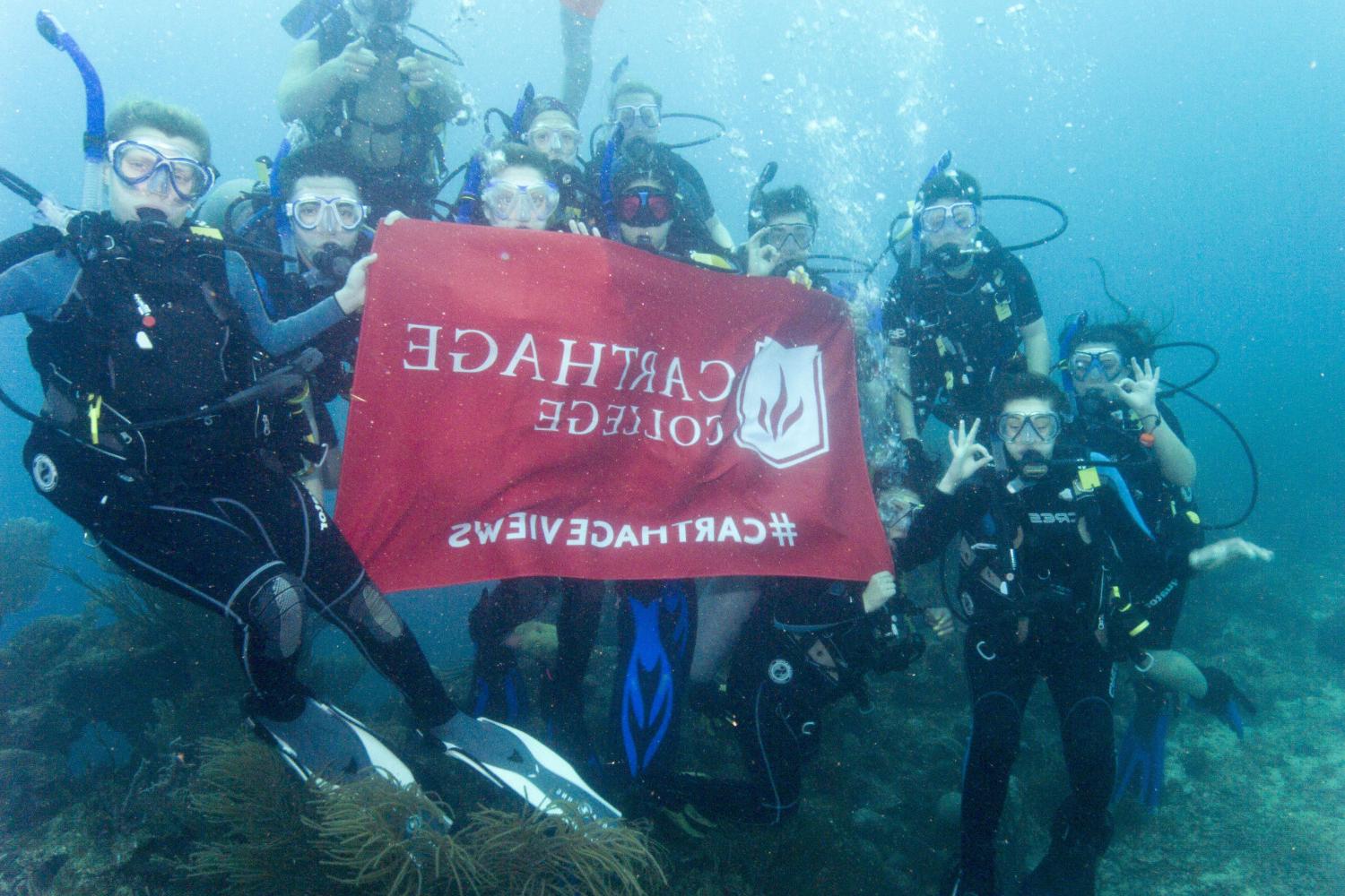 学生们手持<a href='http://4d5p.4dian8.com'>bv伟德ios下载</a>旗帜，在j学期洪都拉斯游学之旅中潜水.